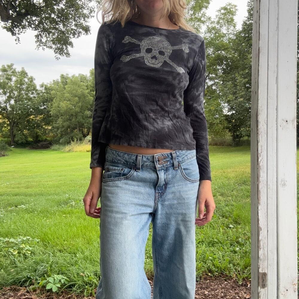 INC International Concepts Rhinestone Skull Long Sleeve Top Gray Size Medium